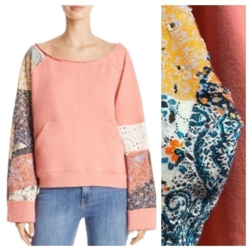 Free People Pink Patchwork Oversized Sun’s Out Sweatshirt Small